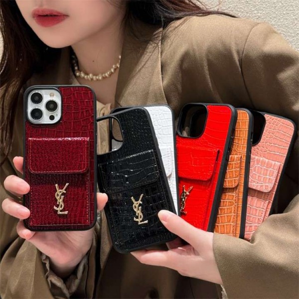 レデイース ysl iPhone15Plus/15ProMax携帯ケースワニ柄 カード収納 フリップカバー