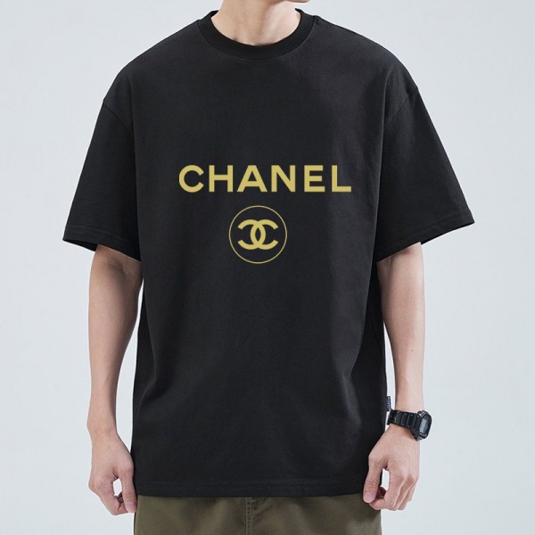 シャネル/Chanel 純綿半袖Tシャツ男女カップルカジュアルゆったりファッション ゴールドロゴプリント