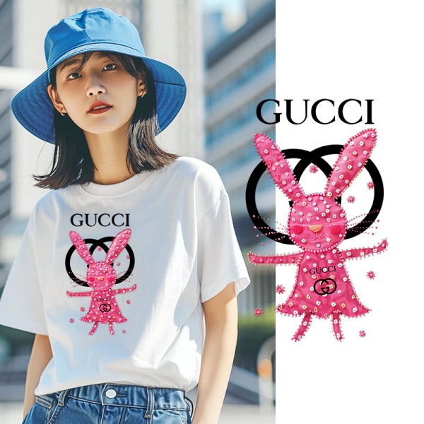 2024新型ルイ ヴィトン/LV 純綿半袖Tシャツ男女カップルカジュアルゆったりファッション ピンクウサギプリント