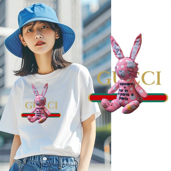 2024新型グッチ純綿半袖Tシャツ男女カップルカジュアルゆったりファッション うGucciさぎプリント