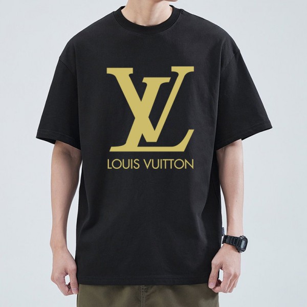 ルイ ヴィトン/LV 純綿半袖Tシャツ男女カップルカジュアルゆったりファッション ゴールドロゴ柄